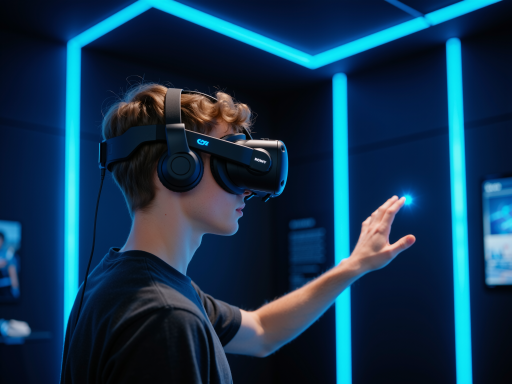 未来科技感的办公室场景，员工正在使用虚拟现实设备进行工作，蓝色背景，现代科技氛围